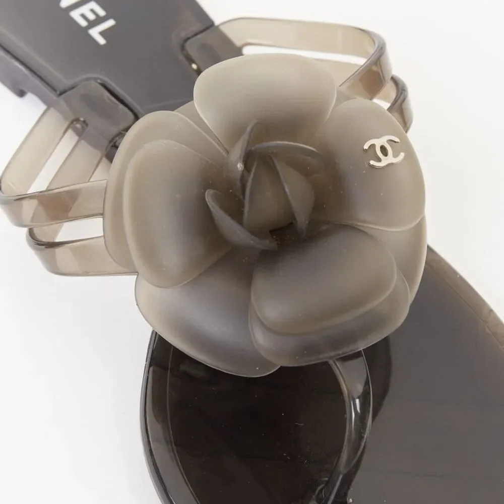 Chanel Grey Clear Camellia Rubber Jelly Sandals